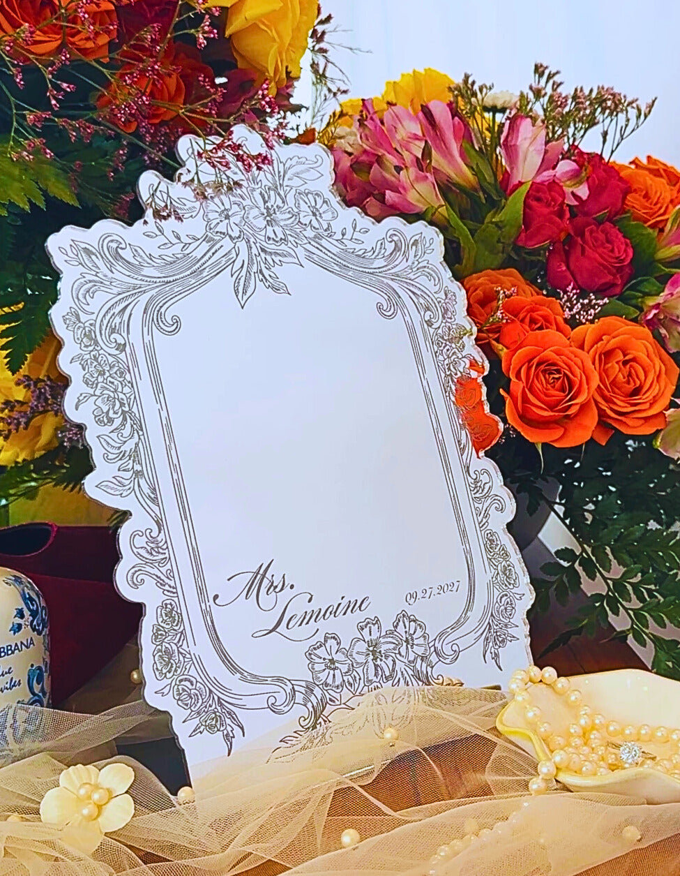 Custom Bridal Desk Mirror – Personalized Wedding Keepsake: Name & Date