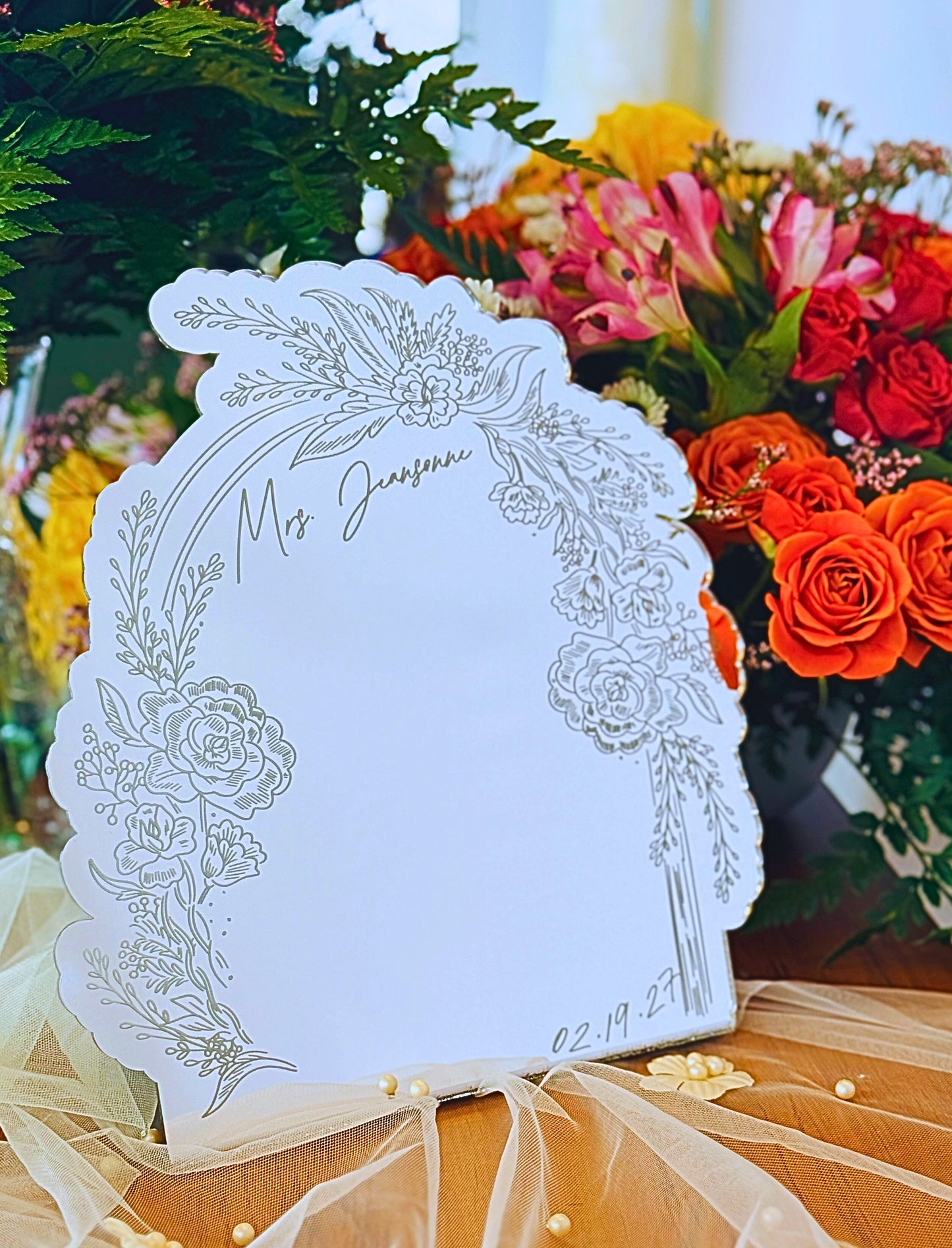 Custom Bridal Desk Mirror – Personalized Wedding Keepsake: Name & Date - Arch